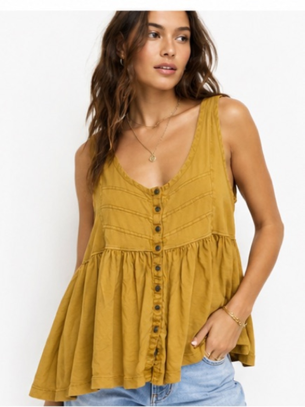 Free People Mustard Button Front Babydoll Tank Top XS Boho